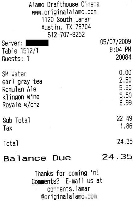 Alamo Star Trek Food Receipt