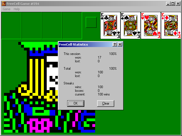 100 strait wins in FreeCell