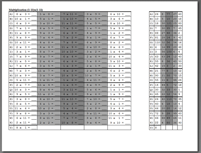 Math Facts Print Preview Example