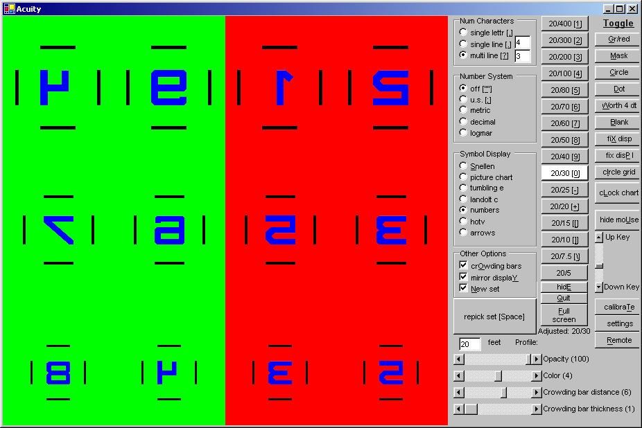 Acuity: Number Set, Crowding Bars, Mirror Display, Green/Red Mask