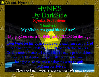 HyNES v0.9.1 About Screen