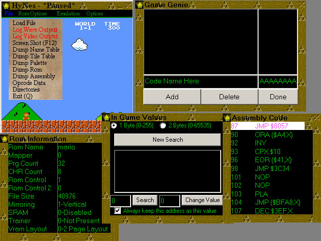 HyNES v0.9.1 Cheat Codes and Game Info