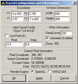 Julia Fractal Configuration Dialog